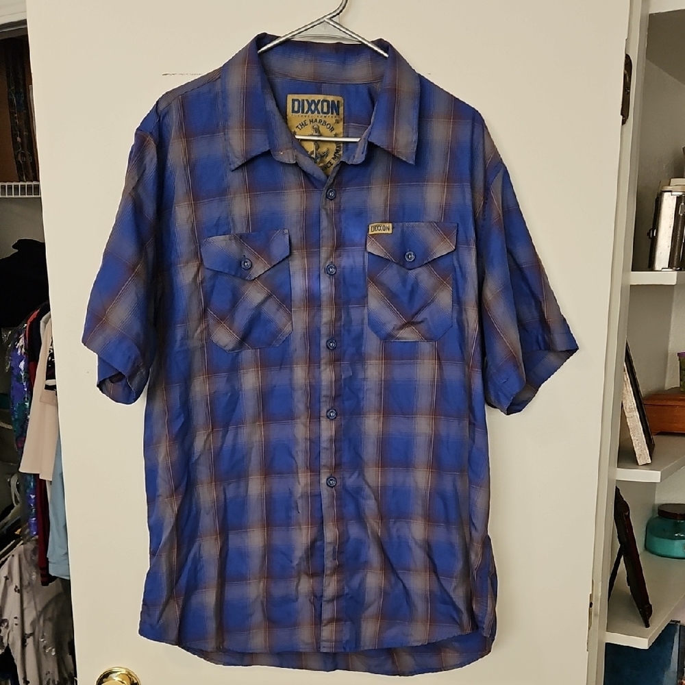 DIXXON Blue and Brown Plaid Short-Sleeve Button-Down Shirt